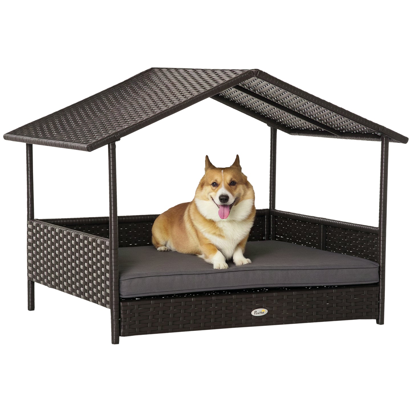 Niche surélevée en rotin avec auvent pour chiens