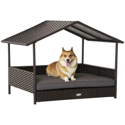 Niche surélevée en rotin avec auvent pour chiens