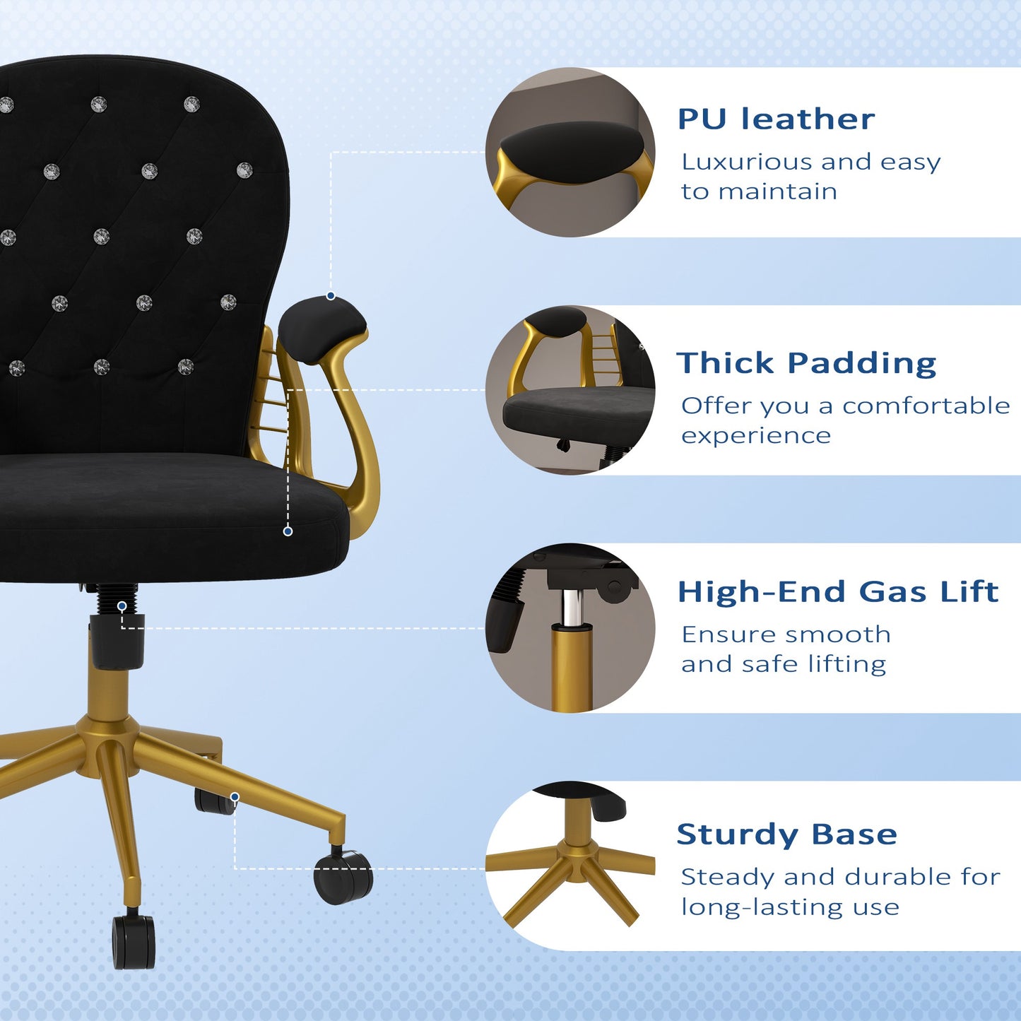 Chaise de bureau capitonnée cuir synthétique cristaux décoratifs