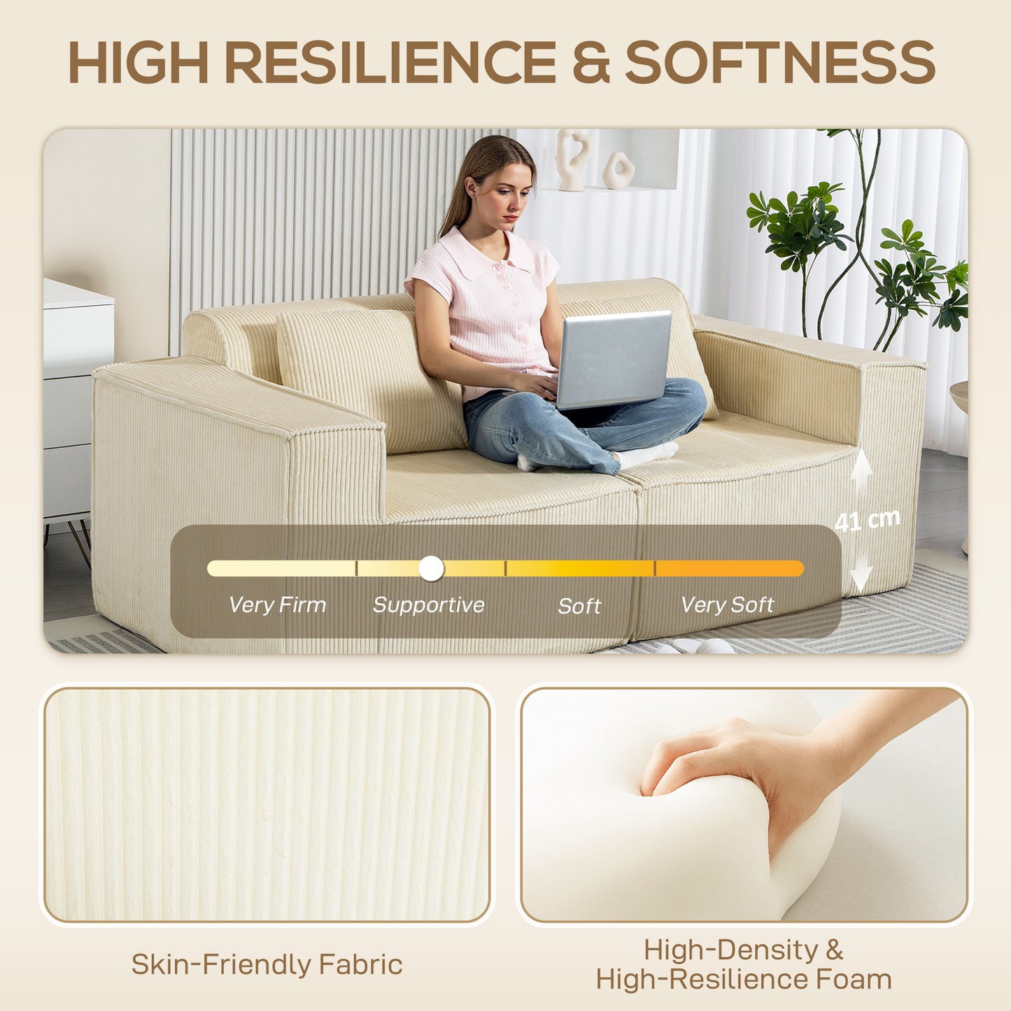 Sofa 3 places sans ressort, siège profond, velours côtelé
