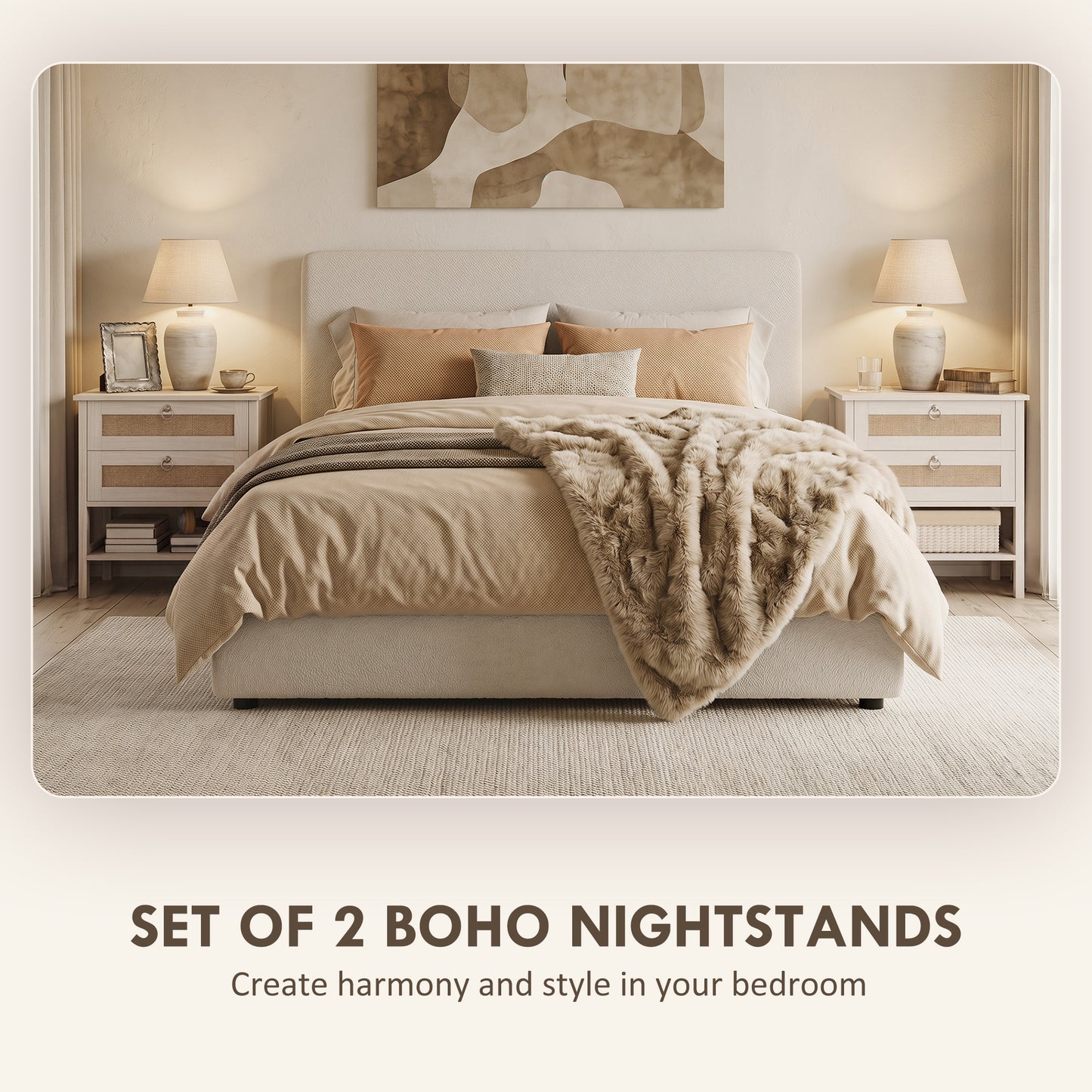 Tables de chevet boho avec tiroirs et étagère — lot de 2