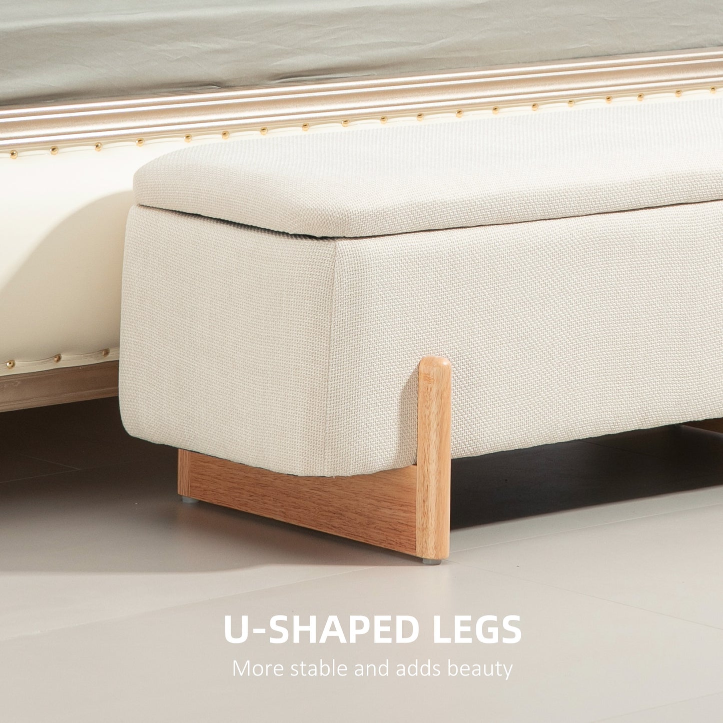 Banc coffre rembourré tissu lin pieds en bois