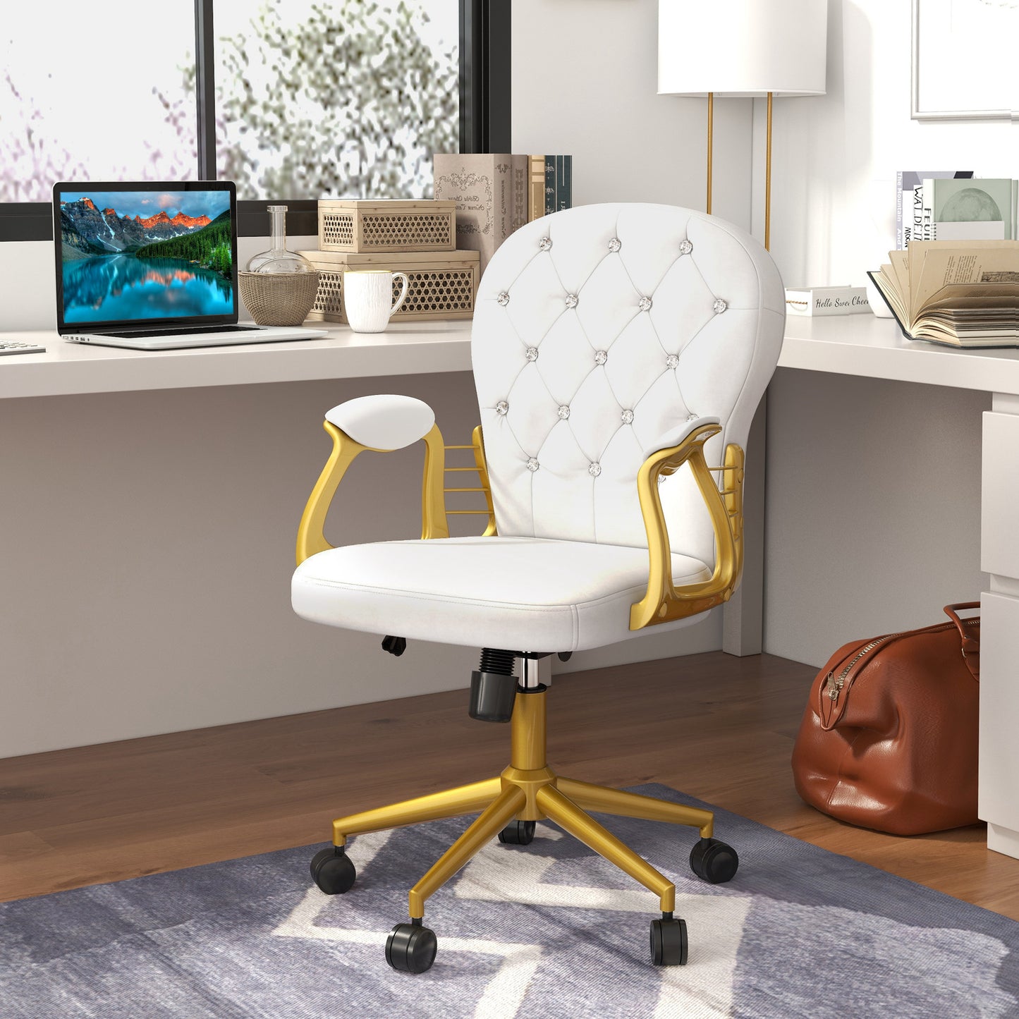 Chaise de bureau capitonnée cuir synthétique cristaux décoratifs