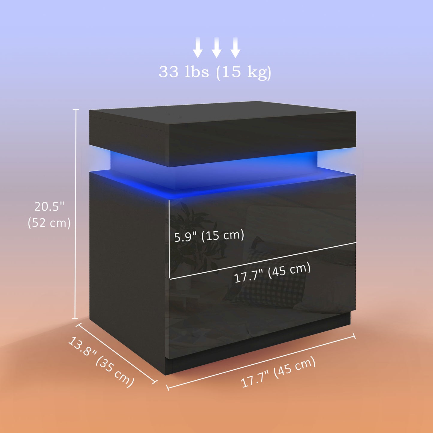 Table de nuit avec éclairage LED et 2 tiroirs