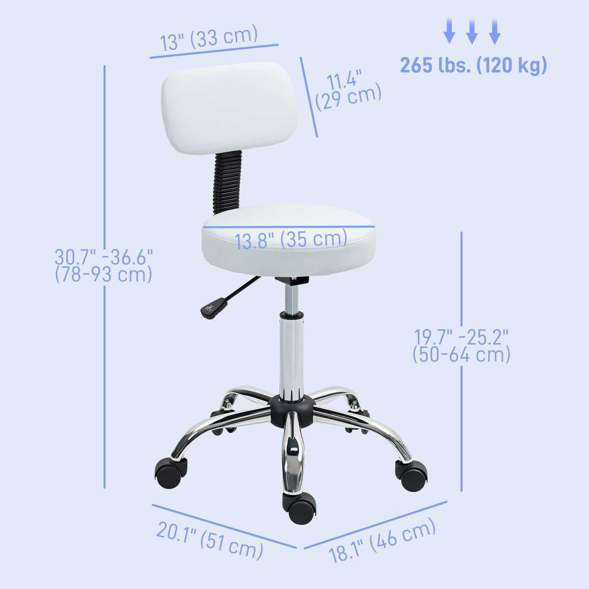 Tabouret roulant réglable avec dossier