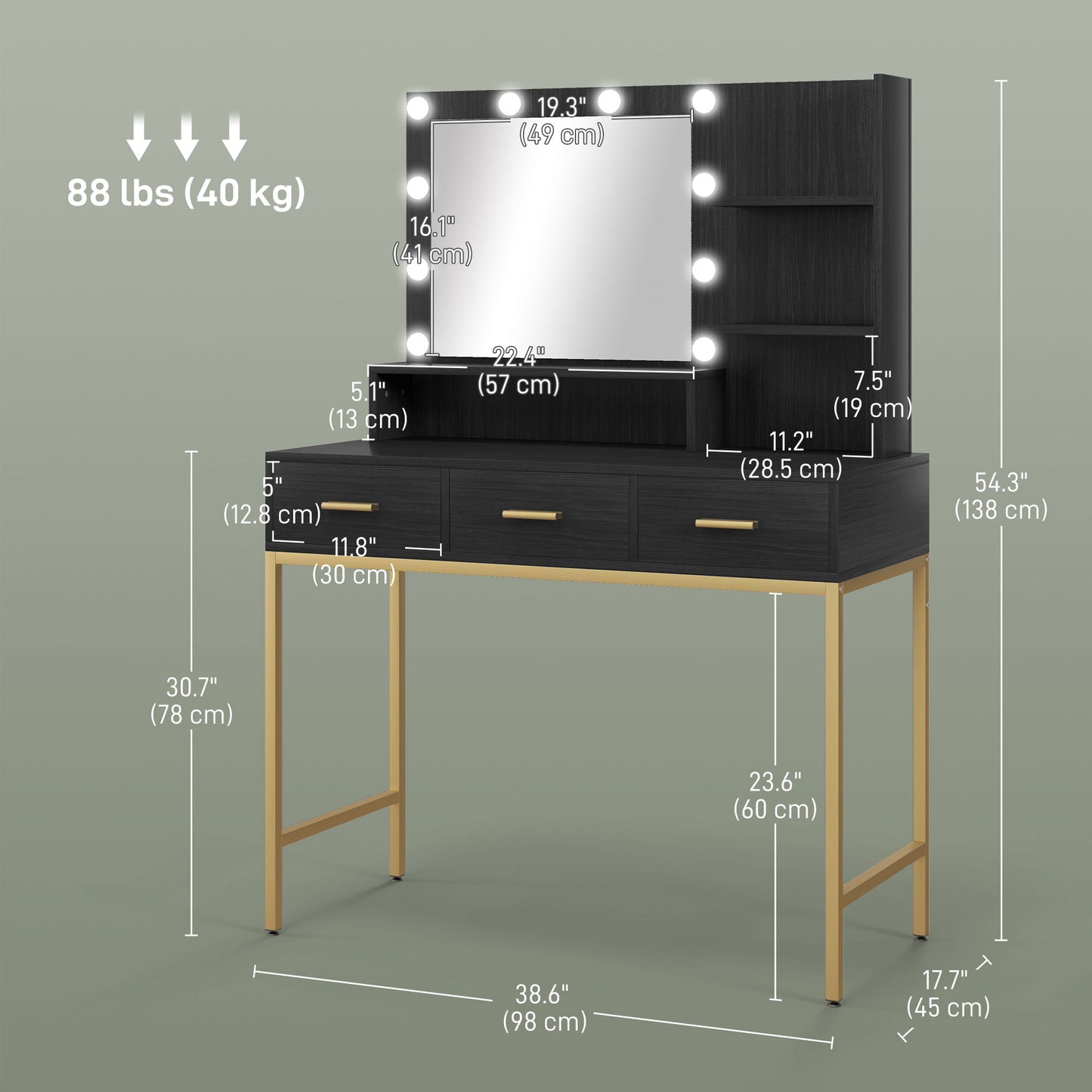 Coiffeuse illuminée avec miroir LED et 3 tiroirs
