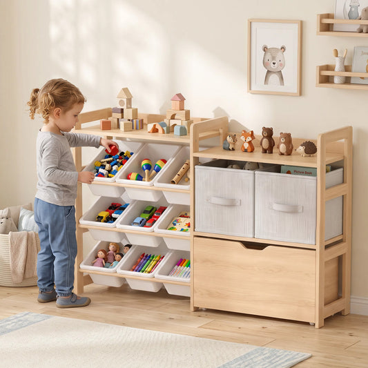 Organisateur de jouets en bois avec coffre roulant