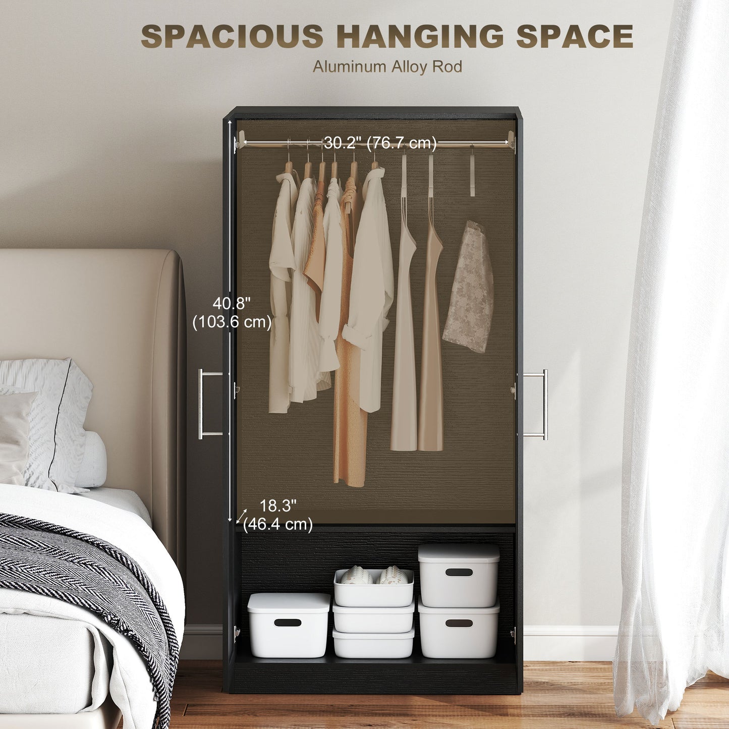 Armoire penderie 2 portes avec tringle — effet bois noir