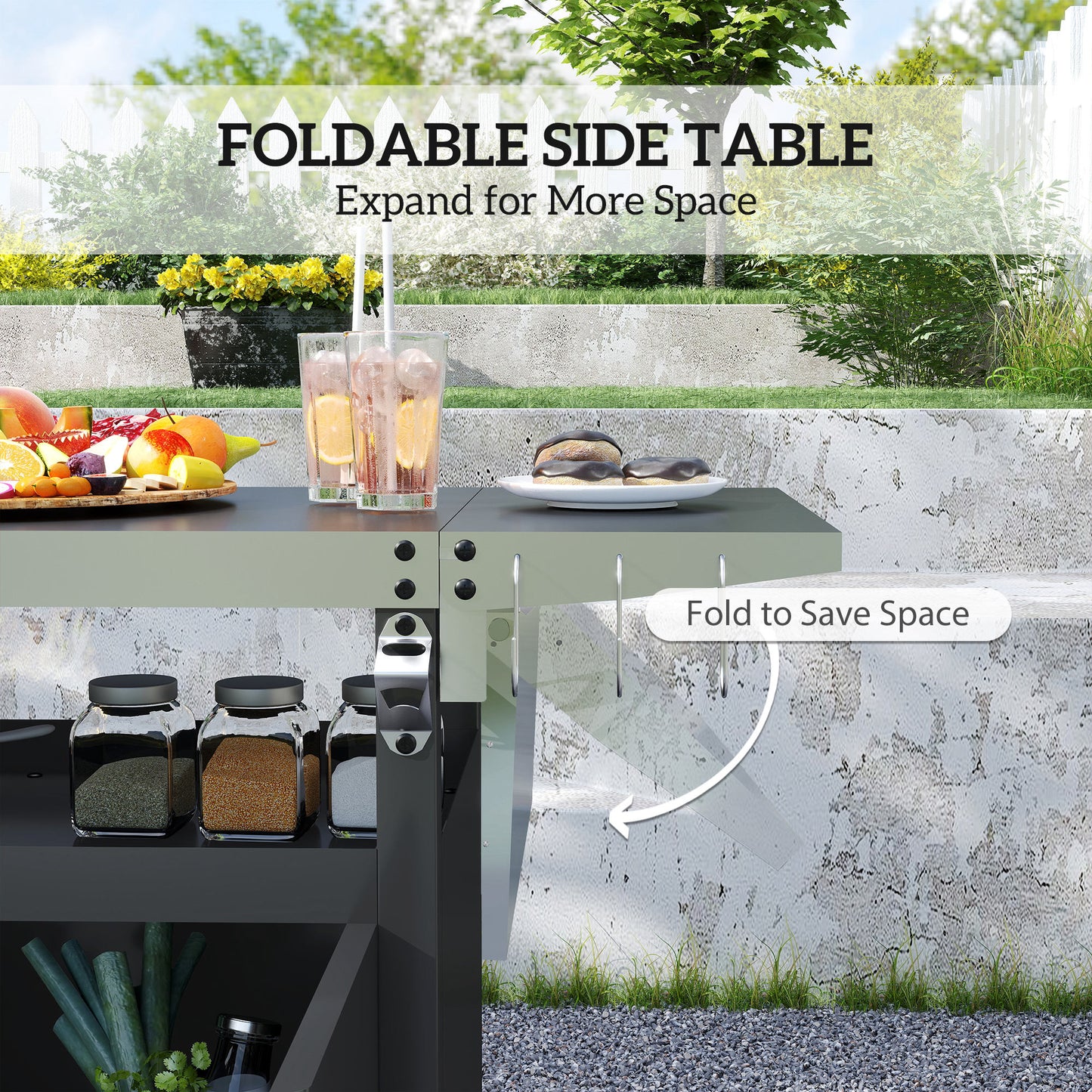 Chariot BBQ extérieur avec table pliante et dessus inox