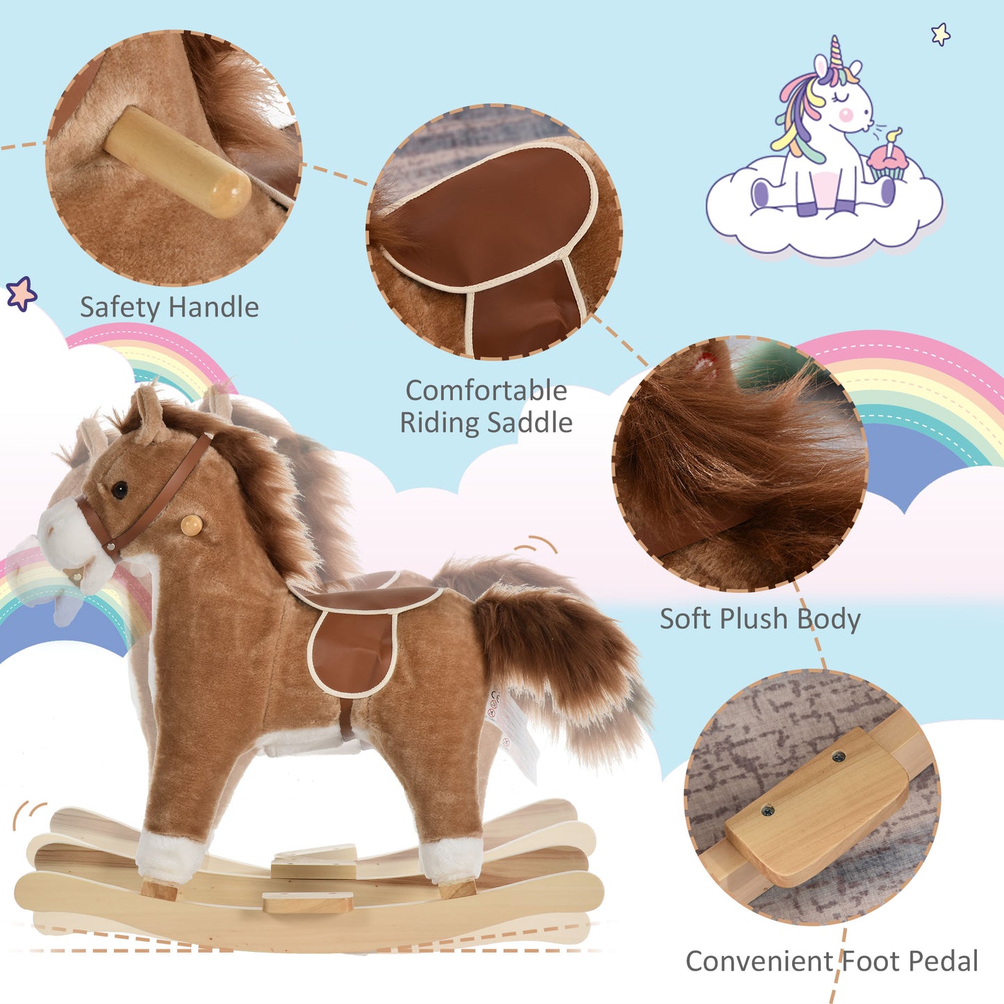Cheval à bascule en peluche avec sons et base en bois