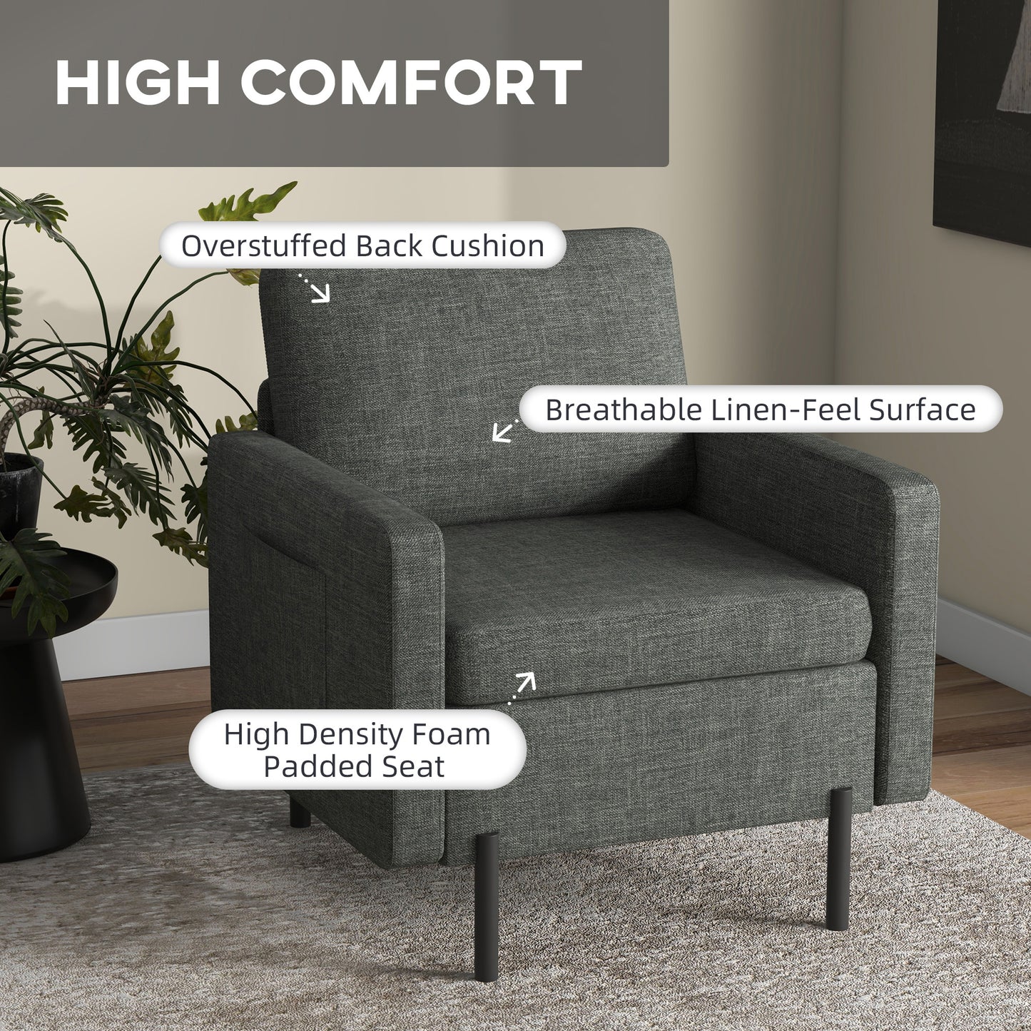 Fauteuil d'appoint rembourré avec poches latérales