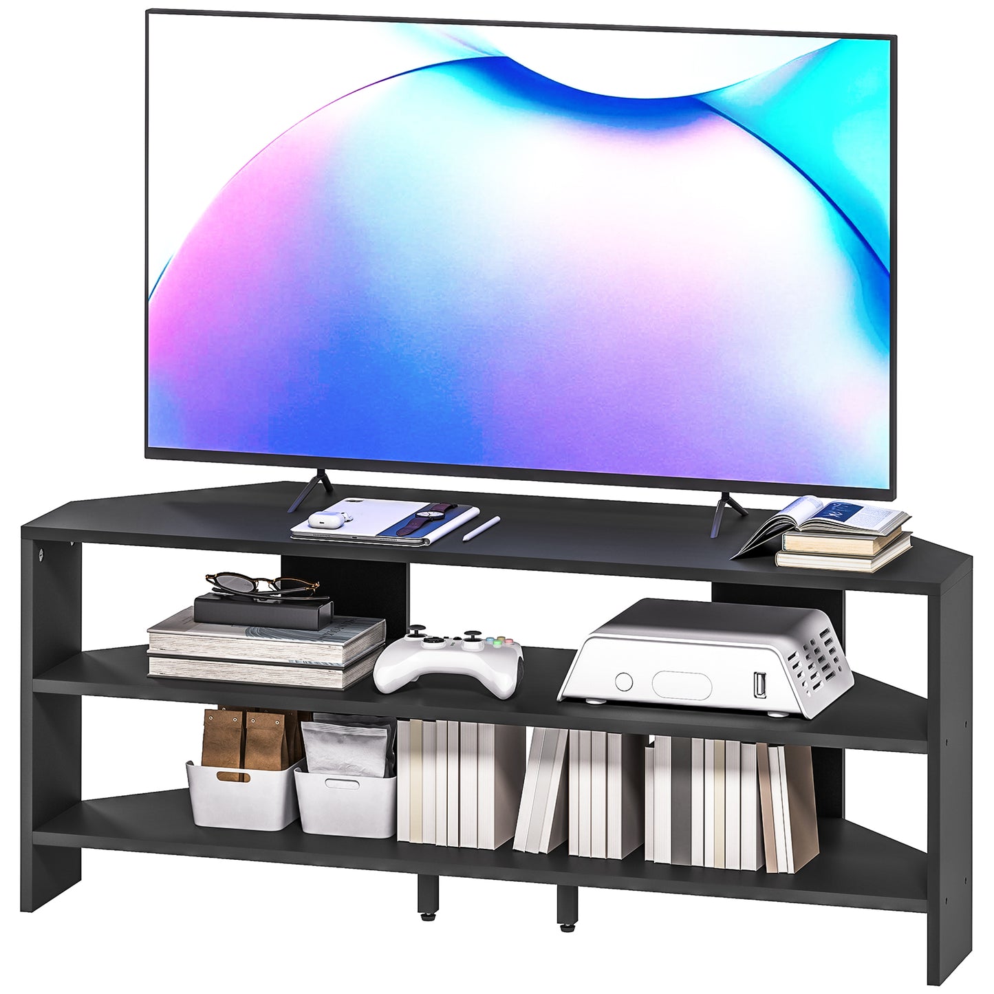 Meuble TV de coin avec 2 tablettes ouvertes