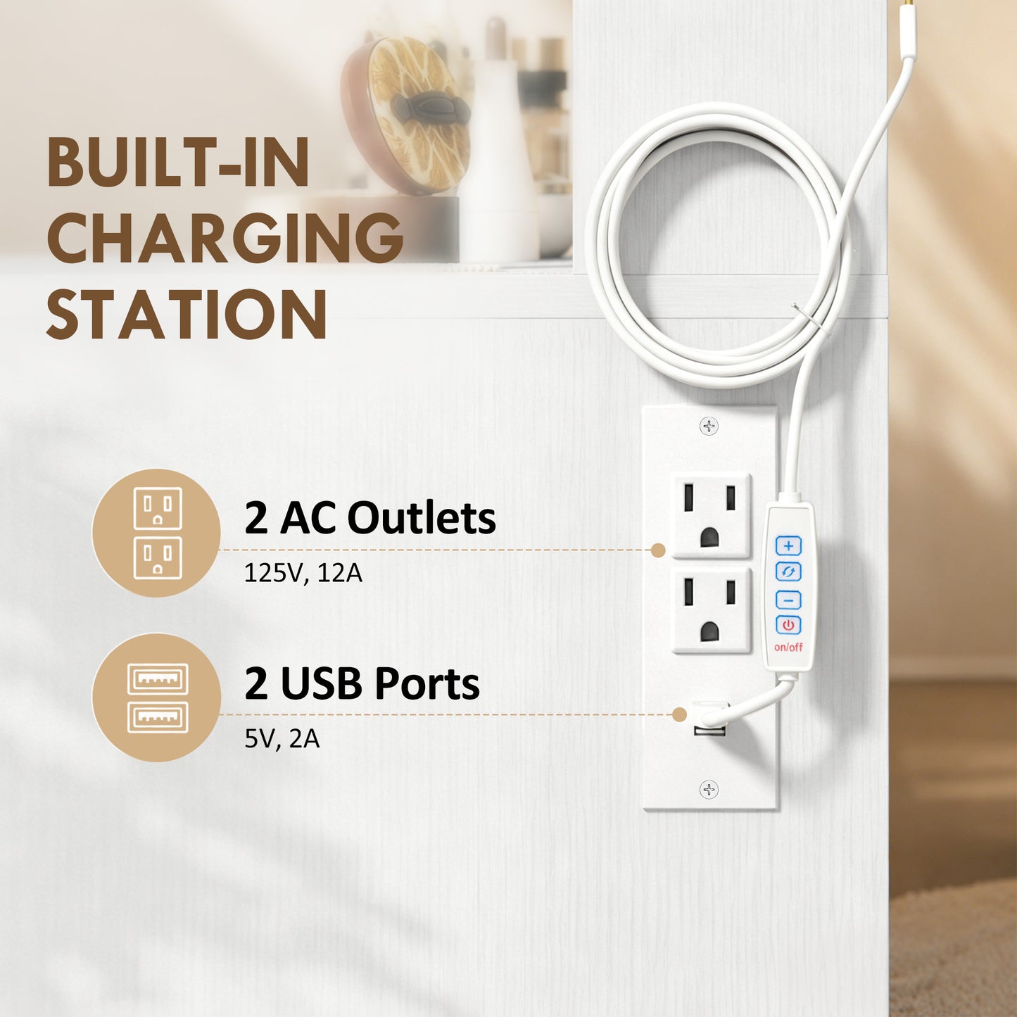 Coiffeuse Hollywood 10 lumières LED avec station de recharge