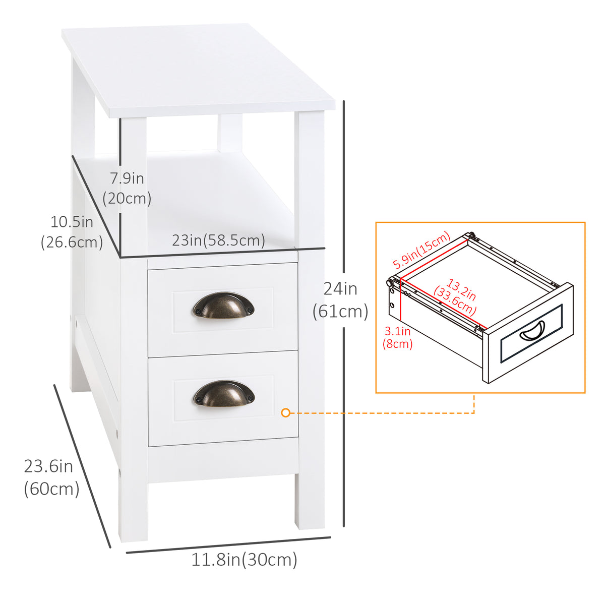Table d'appoint étroite avec 2 tiroirs et étagère
