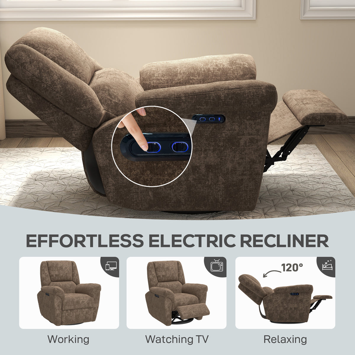 Fauteuil inclinable électrique pivotant et berçant en chenille
