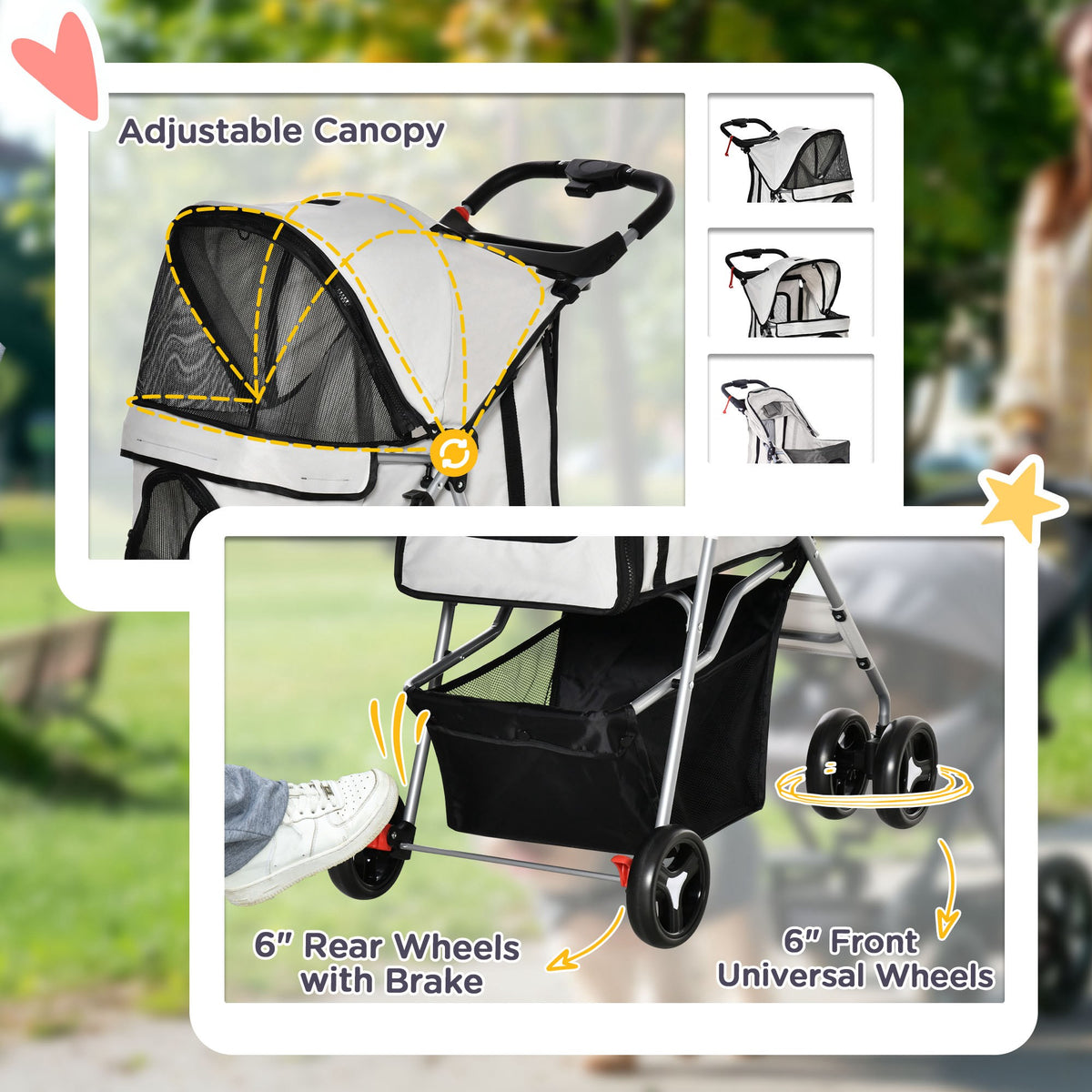 Poussette pour animaux pliable avec freins — grise