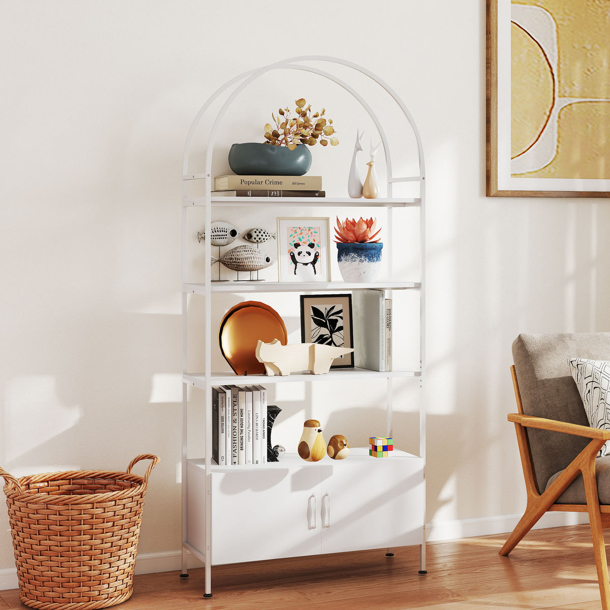 Bibliothèque arquée à 4 niveaux avec meuble de rangement