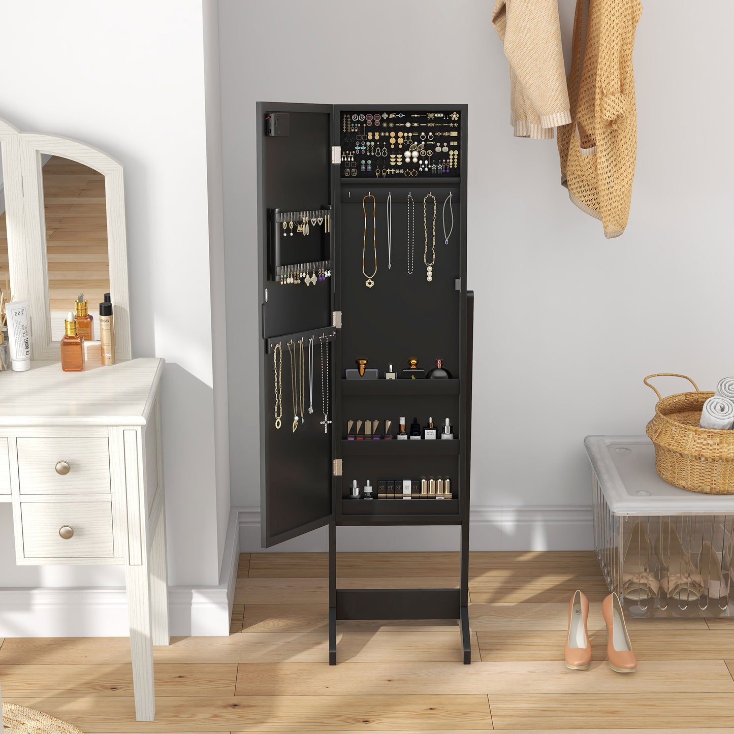 Armoire à bijoux sur pied avec miroir et lumières LED