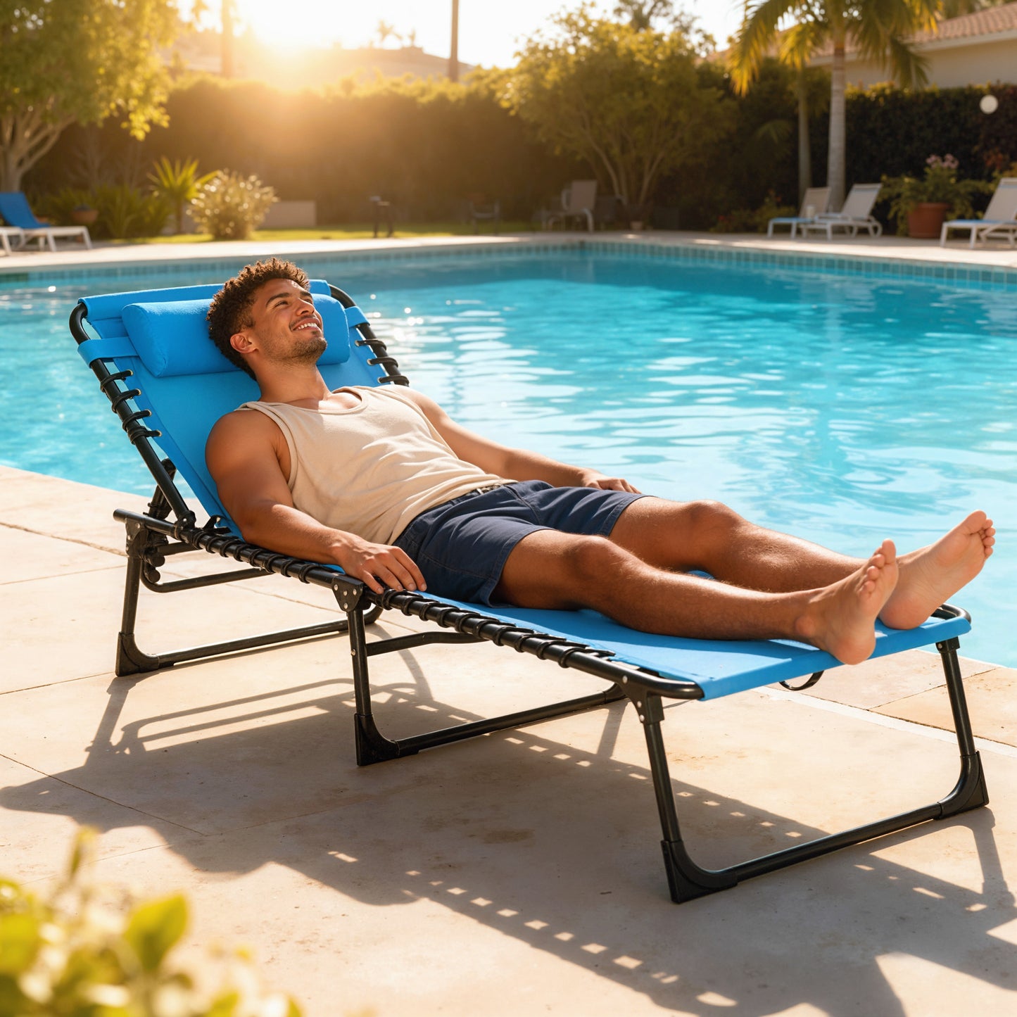 Chaise longue pliante réglable 4 positions avec appui-tête