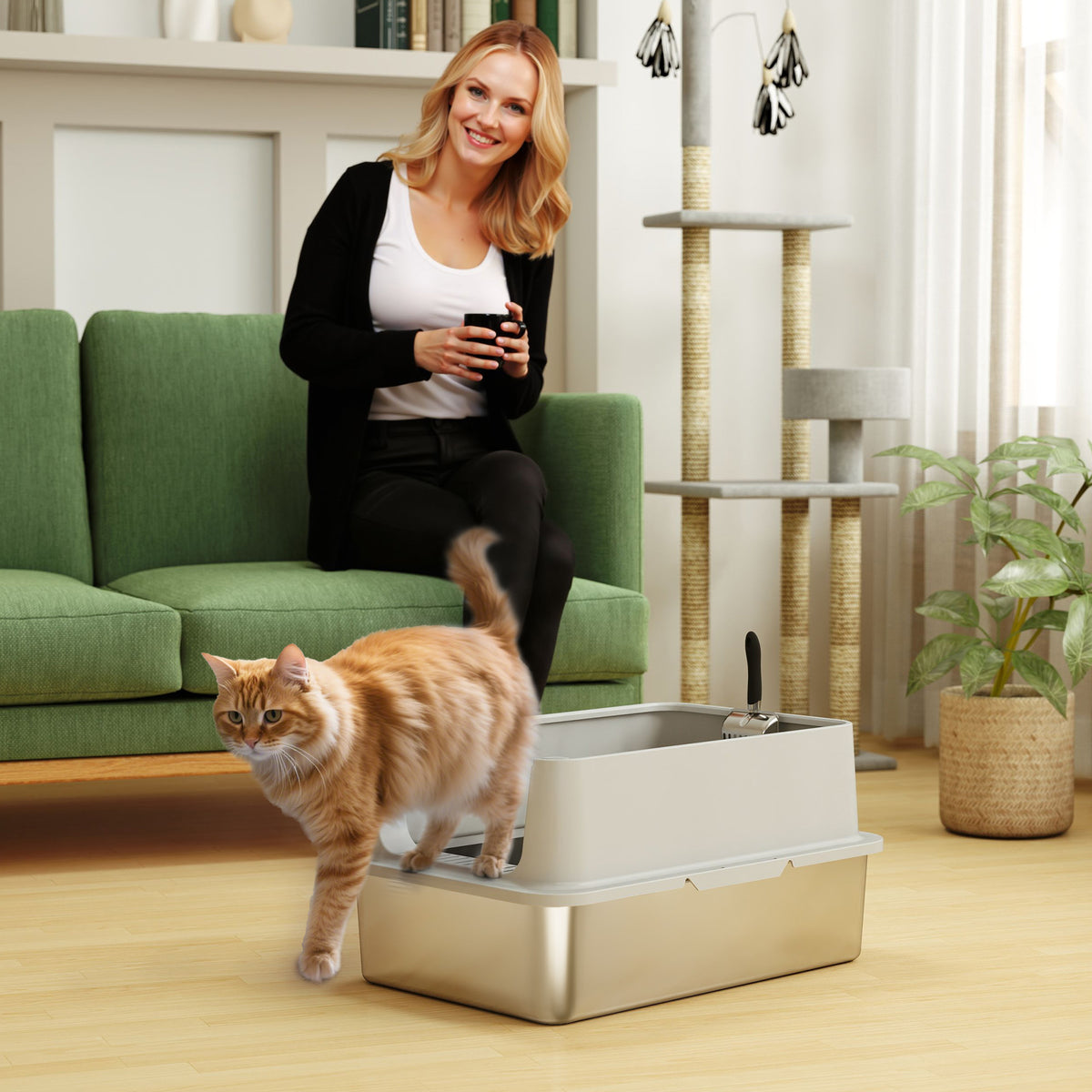 Bac à litière XL acier inoxydable pour chats — Gris