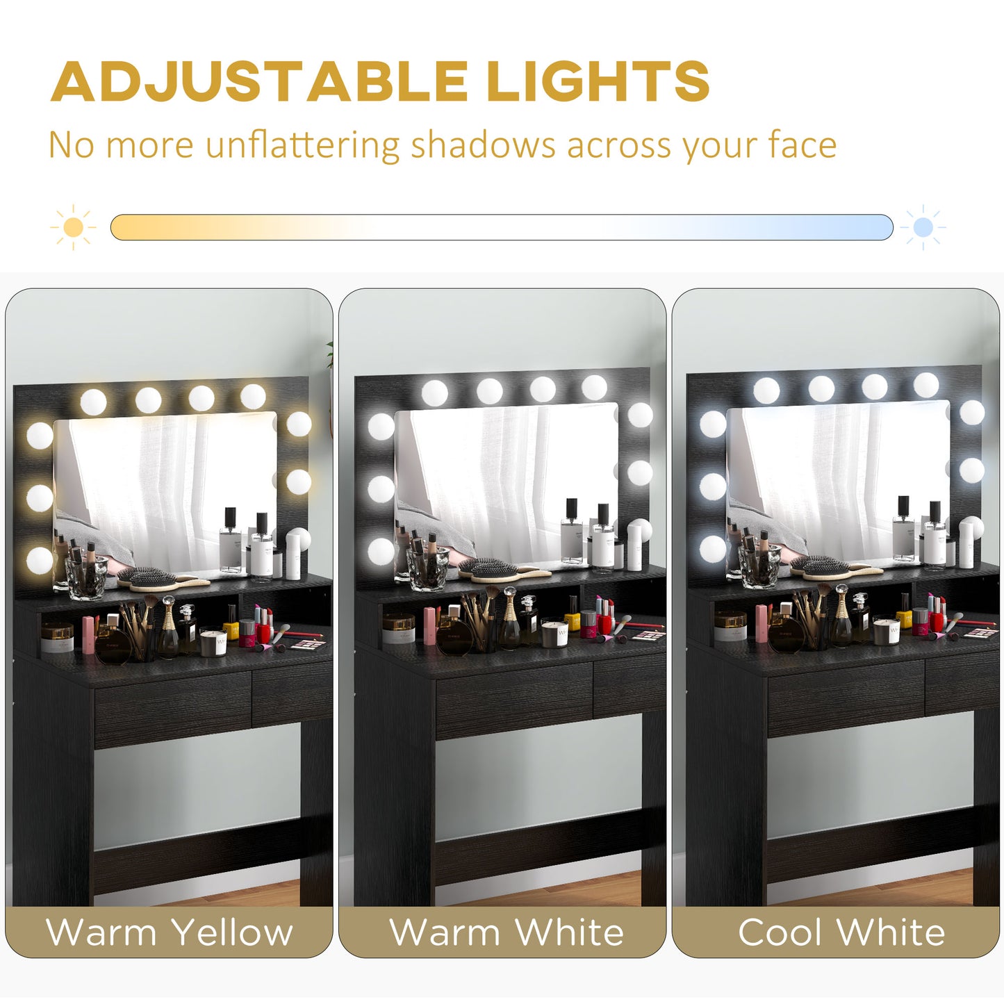 Coiffeuse avec miroir éclairé LED et tiroirs