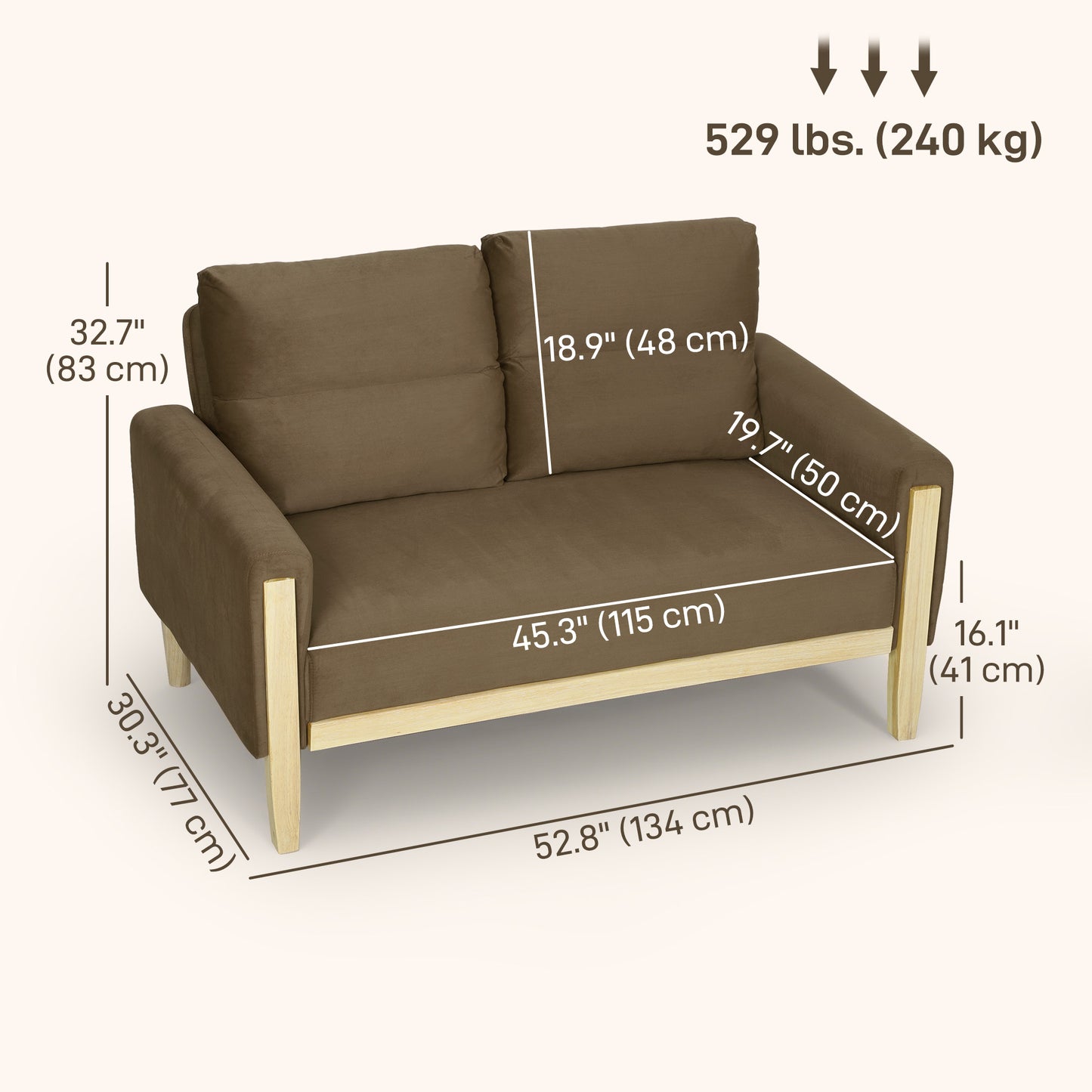 Causeuse 2 places velours pattes bois blanchi 134 cm