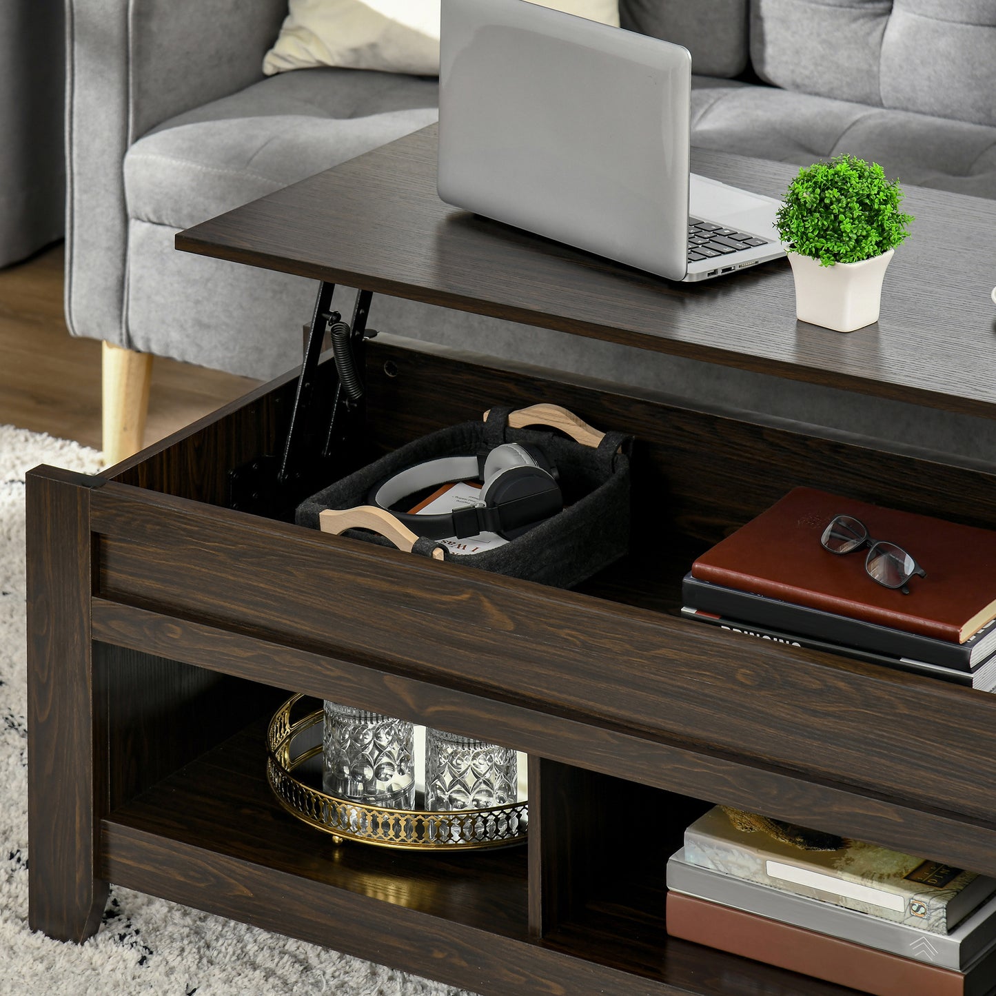 Table à café avec plateau relevable et rangement caché