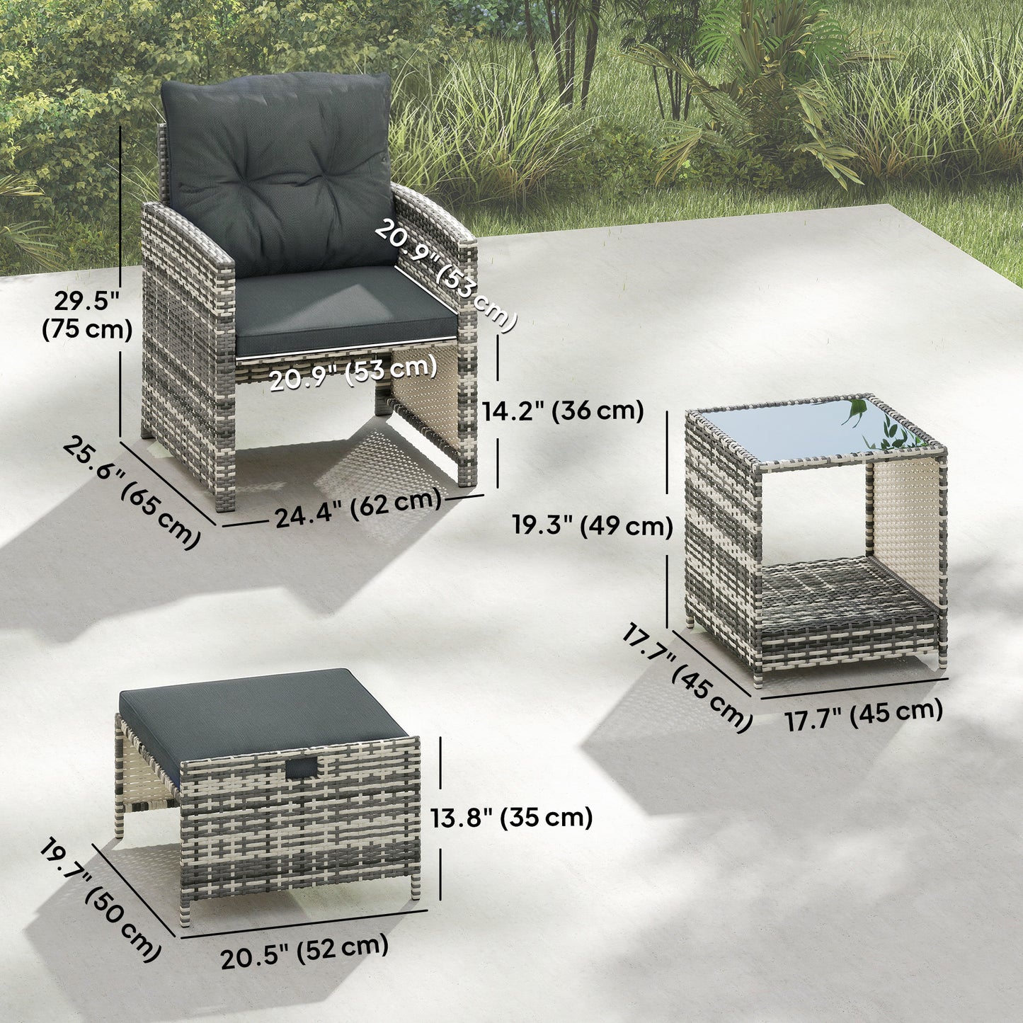 Outsunny 5-Piece Rattan Patio Set - Chairs + Ottomans + Glass Table