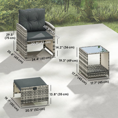 Outsunny 5-Piece Rattan Patio Set - Chairs + Ottomans + Glass Table