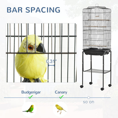 Cage à oiseaux sur roulettes avec tablette de rangement
