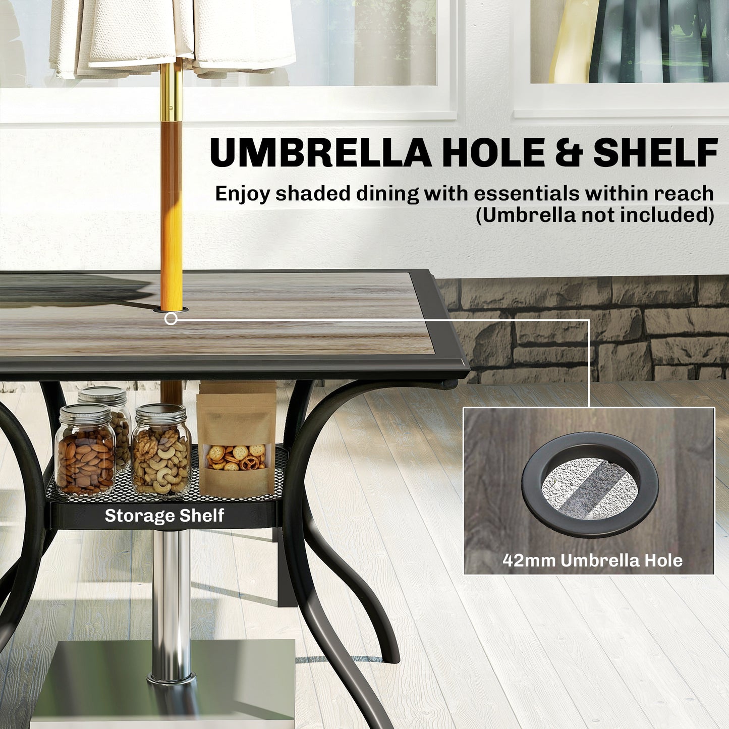 Ensemble repas extérieur 5 pièces avec tablette et trou parasol