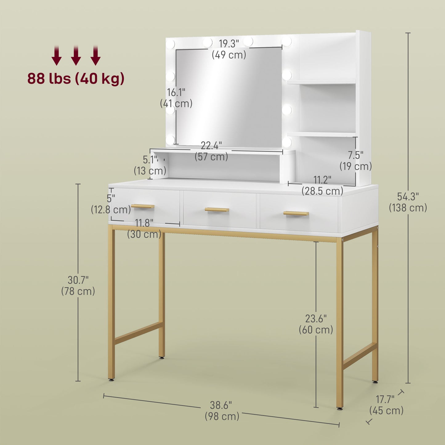 Coiffeuse illuminée avec miroir LED et 3 tiroirs