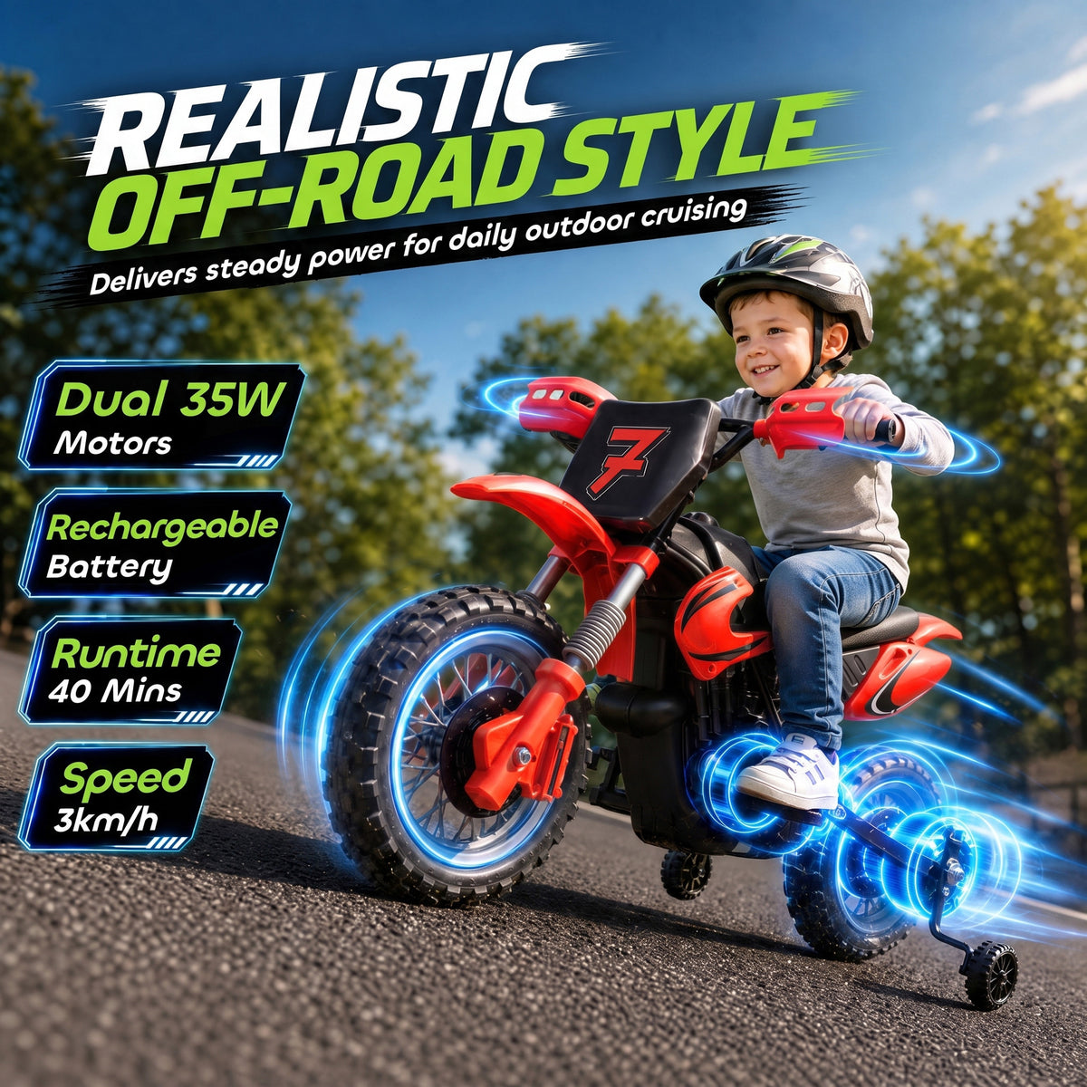 Moto électrique pour enfants 12V avec roulettes d'entraînement