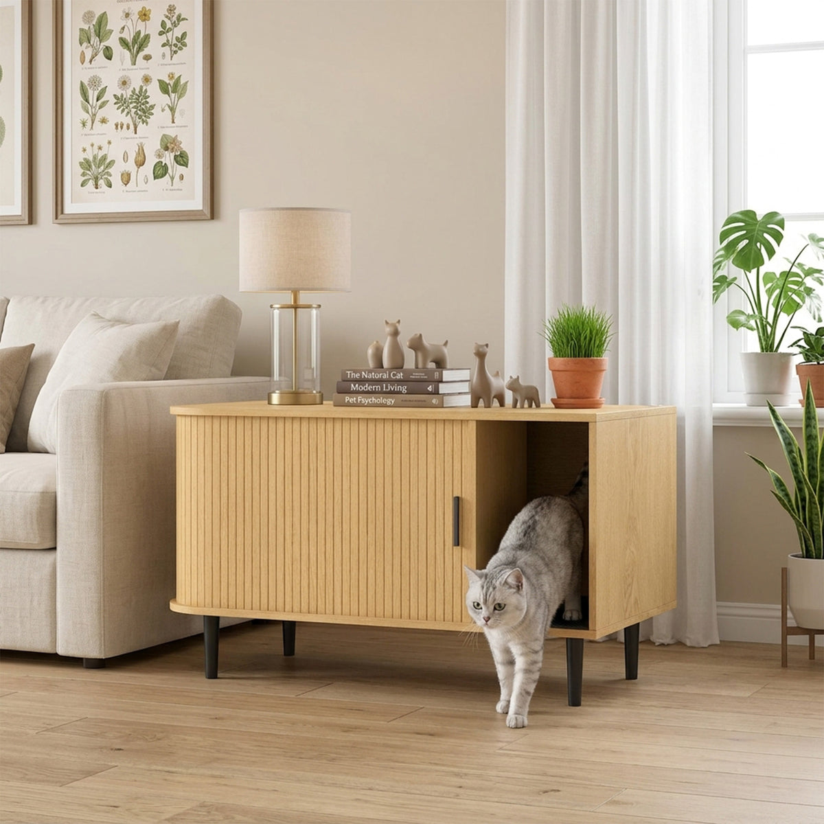Meuble pour litière de chat coulissant moderne