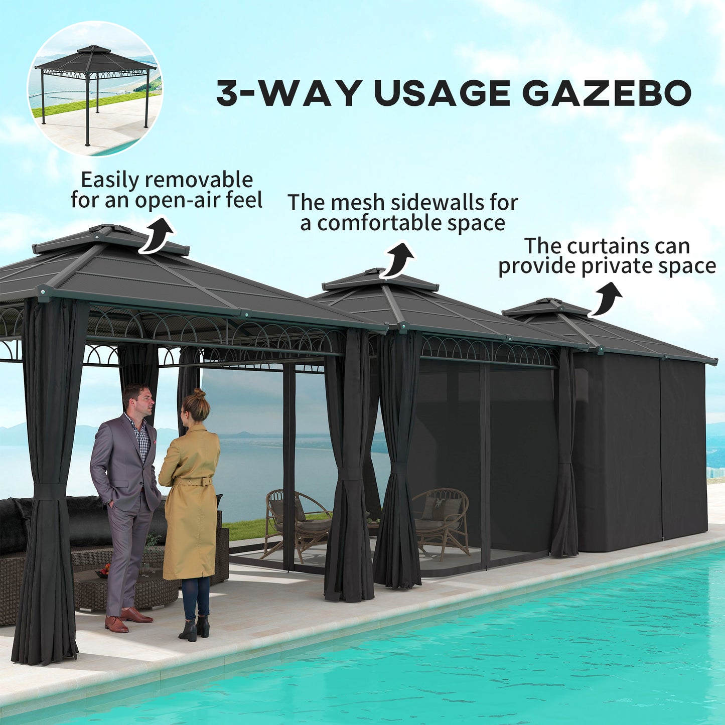 Gazebo rigide double toit PC avec moustiquaire et rideaux