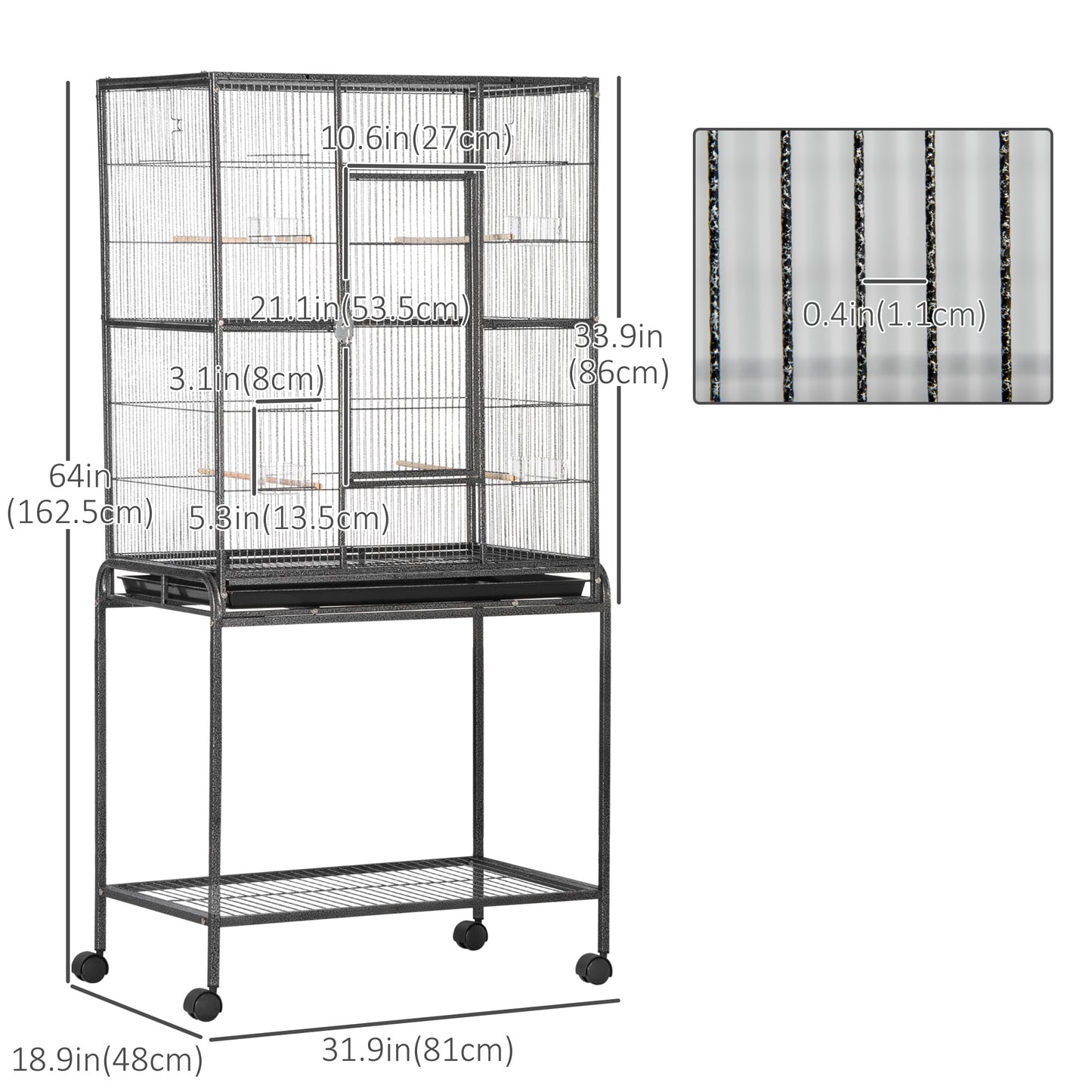 Grande cage à oiseaux sur roulettes avec perchoirs