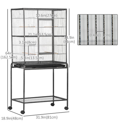 Grande cage à oiseaux sur roulettes avec perchoirs