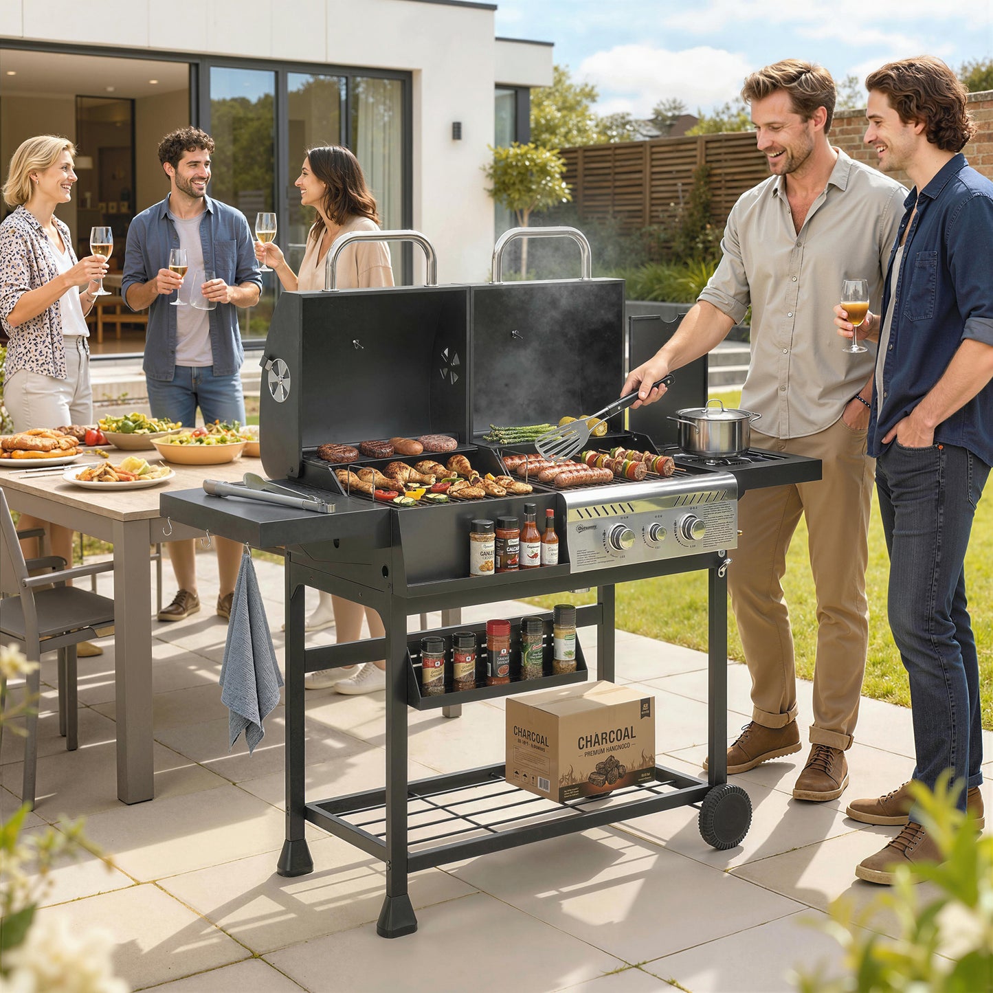 Barbecue combiné charbon et gaz 2 brûleurs avec roulettes