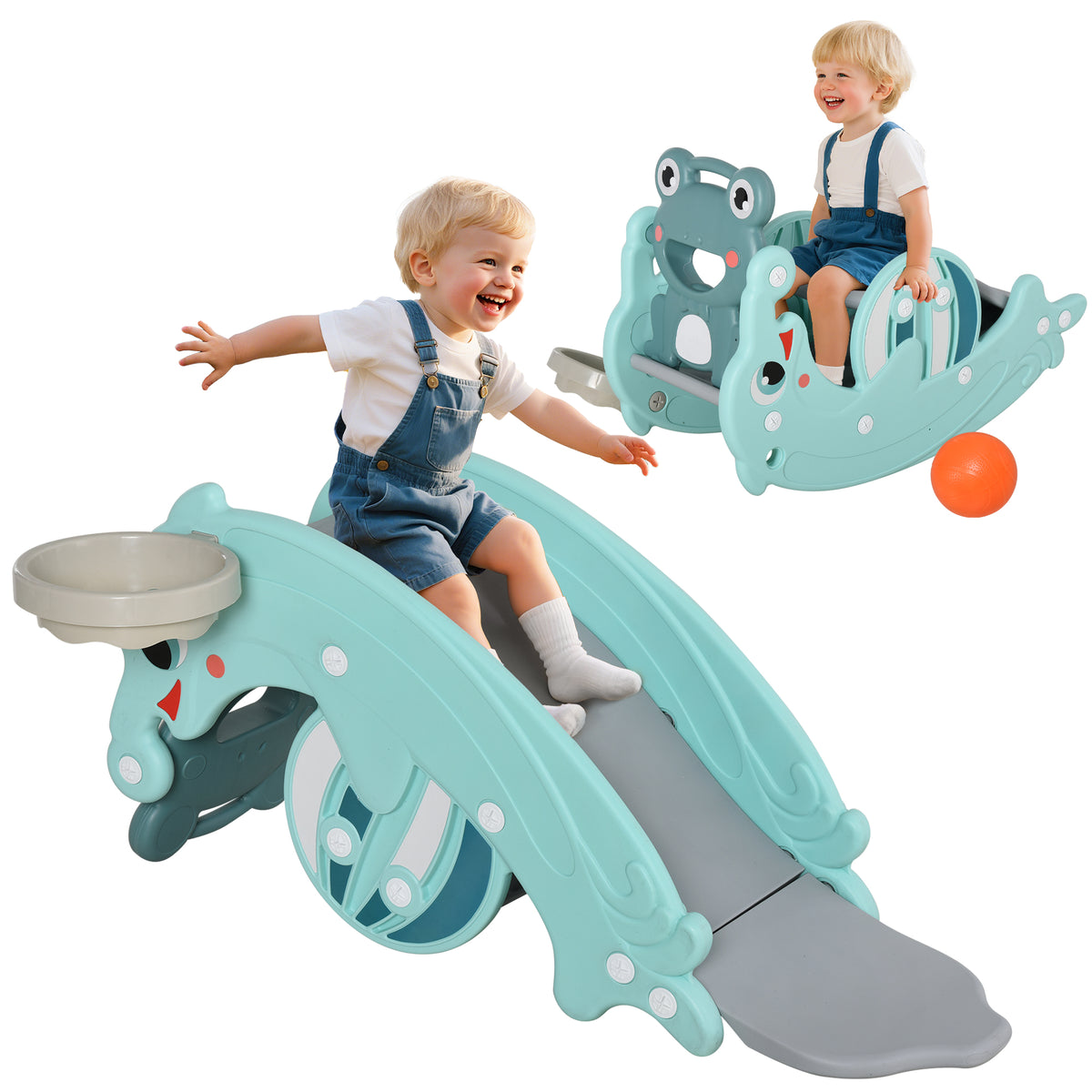 Jouet 3-en-1 Cheval à Bascule Toboggan Panier Basketball