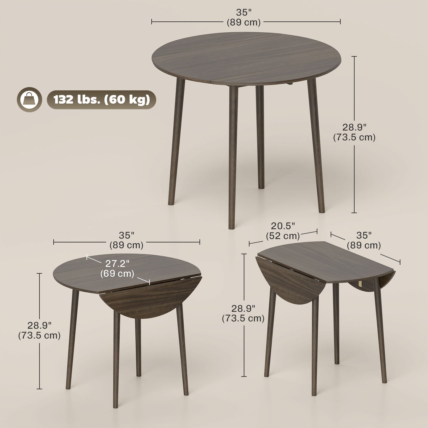 Table à manger pliante ronde à rallonges abattantes