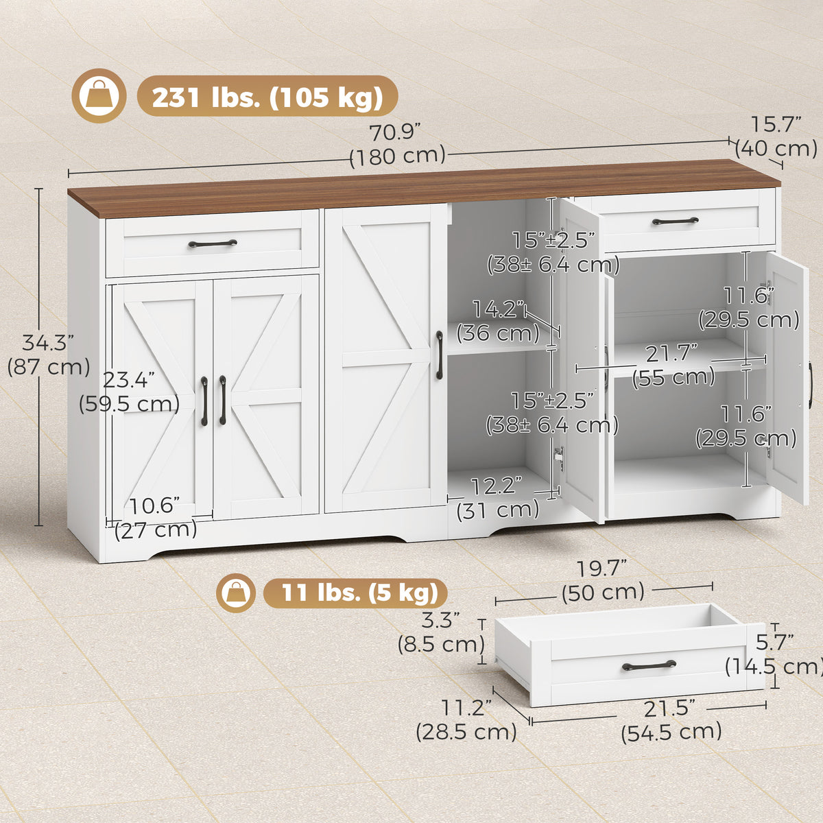 Buffet de salle à manger style champêtre 180 cm