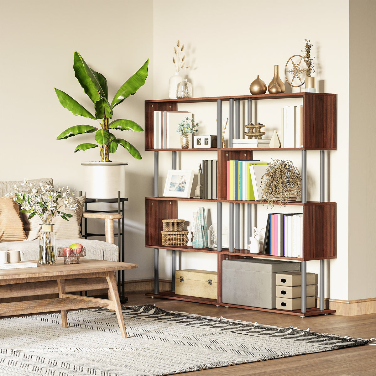 Bibliothèque géométrique moderne à 5 tablettes en bois