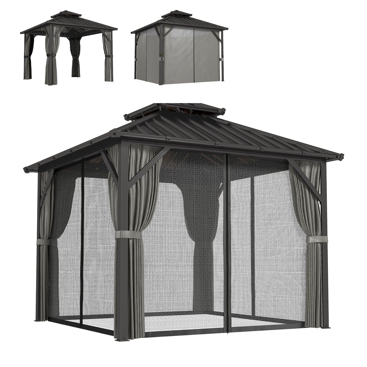 Gazébo Outsunny 3x3m Toit Dur Acier Galvanisé Cadre Aluminium Gris Foncé