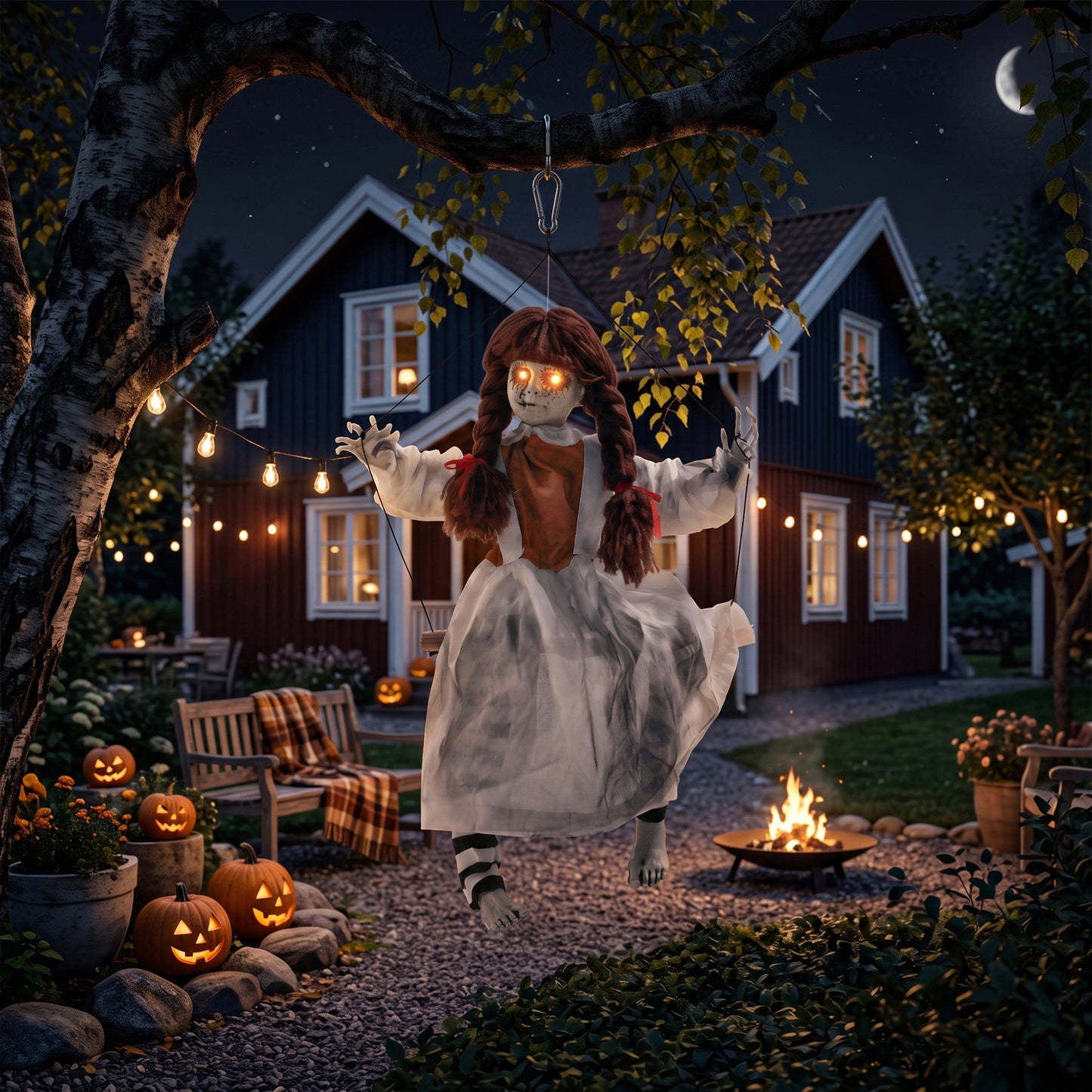 Décoration Halloween fille animée sur balançoire