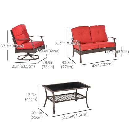 Outsunny 4 Piece Red PE Rattan Patio Set - Sofas + Coffee Table