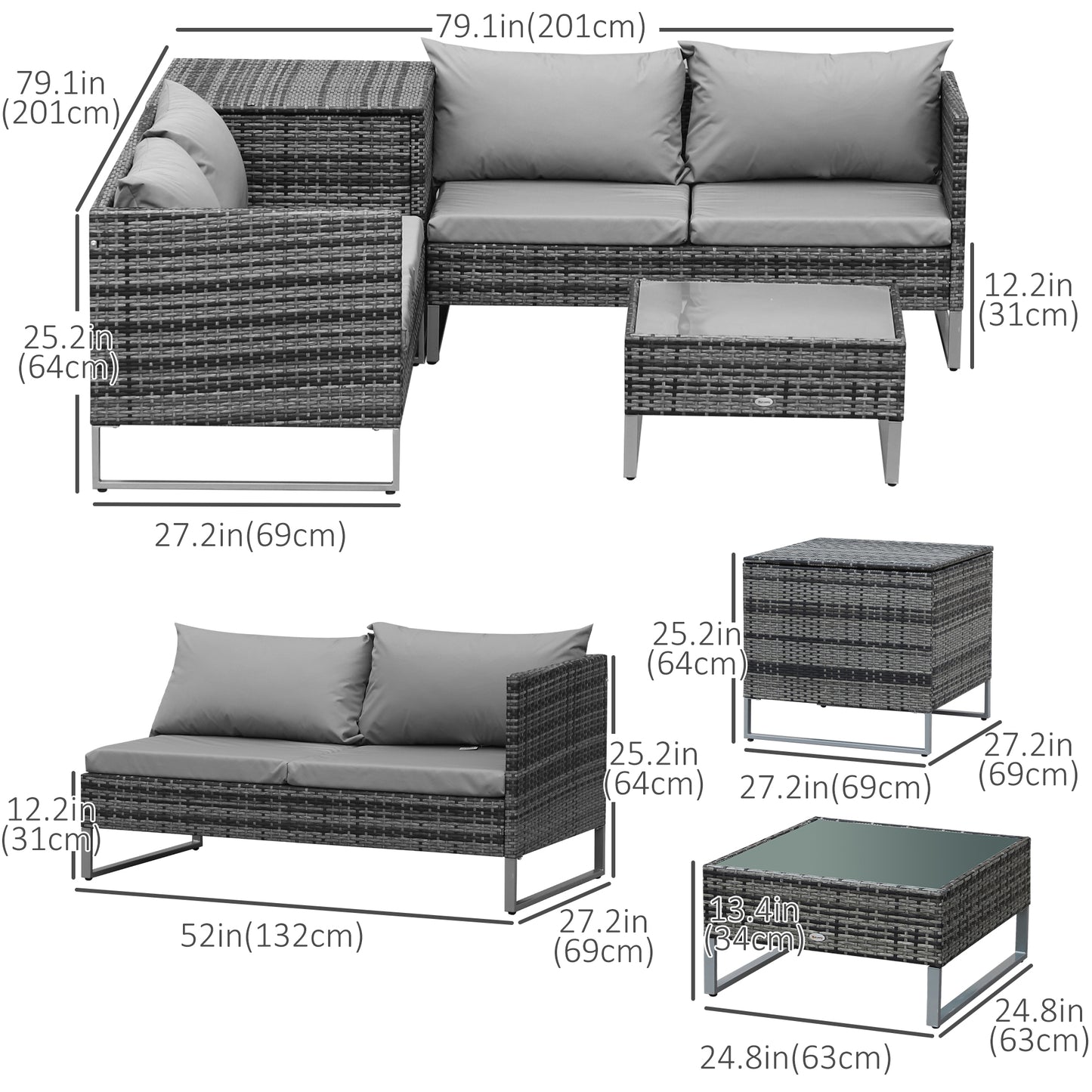 Outsunny 4-Piece Patio Set - Sofas & Tables - Grey Rattan