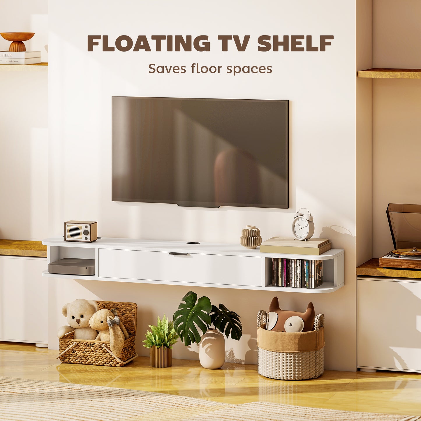 Meuble TV mural avec tiroir et 2 tablettes ouvertes