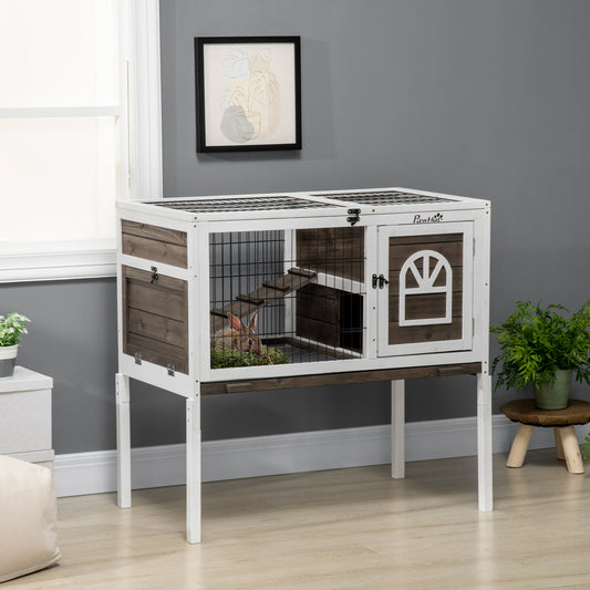 Clapier à lapins design double hauteur — Blanc et café