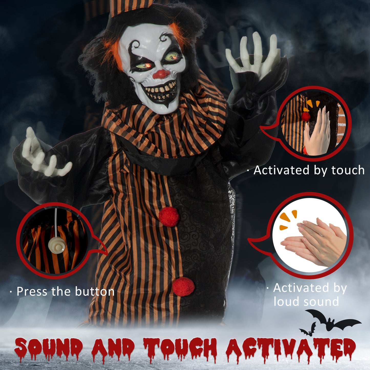 Décoration Halloween animée clown 170 cm avec yeux lumineux