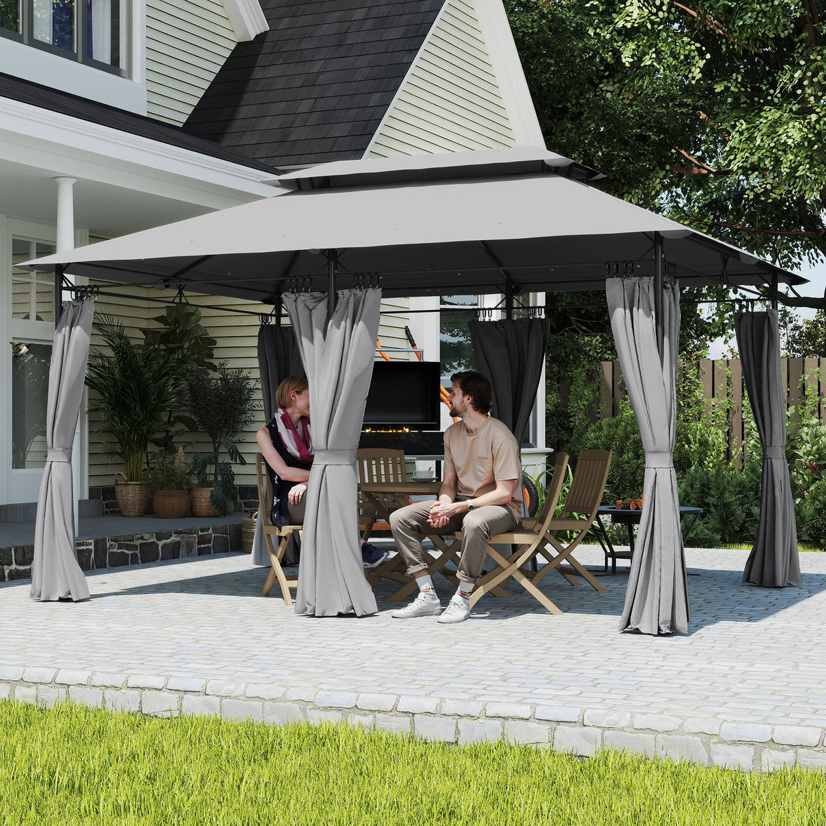 Gazebo de patio double toit avec rideaux 3 x 4 m